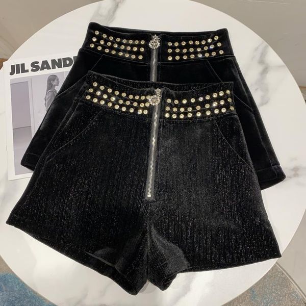 women's shorts 2021 winter rivets rhinestone women gold velvet high waist black short office lady, White;black
women's shorts 2021 winter rivets rhinestone women gold velvet high waist black short office lady, White;black