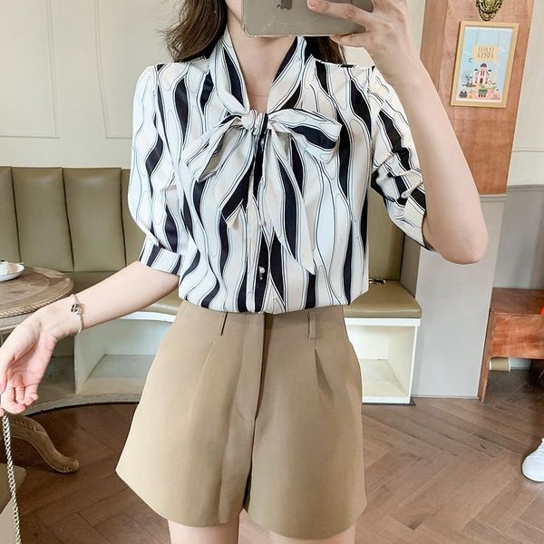 women's blouses & shirts striped printed shirt five-point short-sleeved 2021 summer style tie straight blouse, White
women's blouses & shirts striped printed shirt five-point short-sleeved 2021 summer style tie straight blouse, White