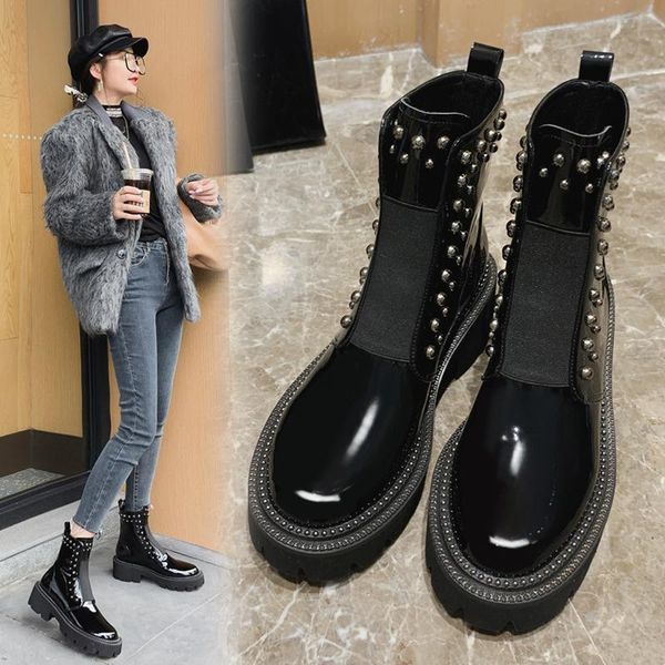boots fashion women's england style ankle pull on shoes rivets motorcycle med heels patent leather big size f7, Black
boots fashion women's england style ankle pull on shoes rivets motorcycle med heels patent leather big size f7, Black
