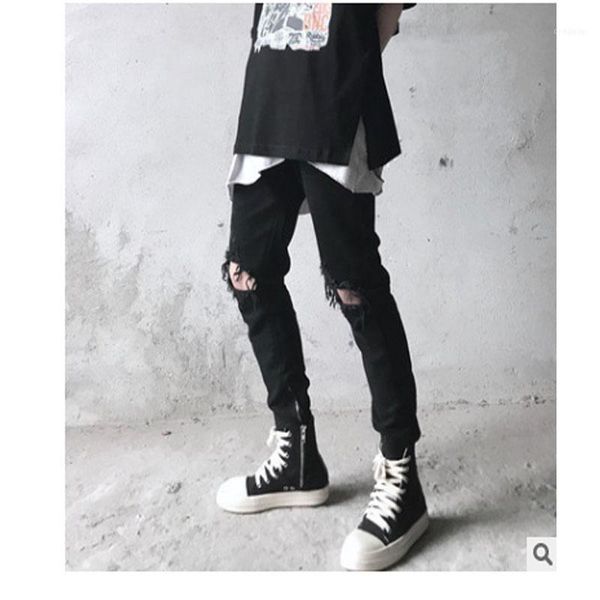 high street split knife side zipper black slim jeans men's and women's 1, Blue