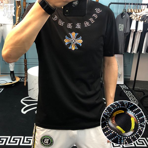 short sleeve t-shirt fashion cross color drawing drilling mercerized cotton round neck slim european men's, White
short sleeve t-shirt fashion cross color drawing drilling mercerized cotton round neck slim european men's, White