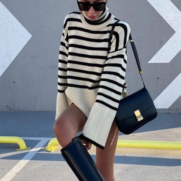 women's sweaters turtleneck long sleeve khaki striped sweater 2021 autumn winter clothes women oversized loose knitted pullover casual, White;black
women's sweaters turtleneck long sleeve khaki striped sweater 2021 autumn winter clothes women oversized loose knitted pullover casual, White;black