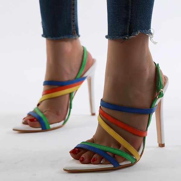 summer rubber bottom pu thin with a word buckle pointed toe ladies sandals high heels color band combination 12cm, Black
summer rubber bottom pu thin with a word buckle pointed toe ladies sandals high heels color band combination 12cm, Black