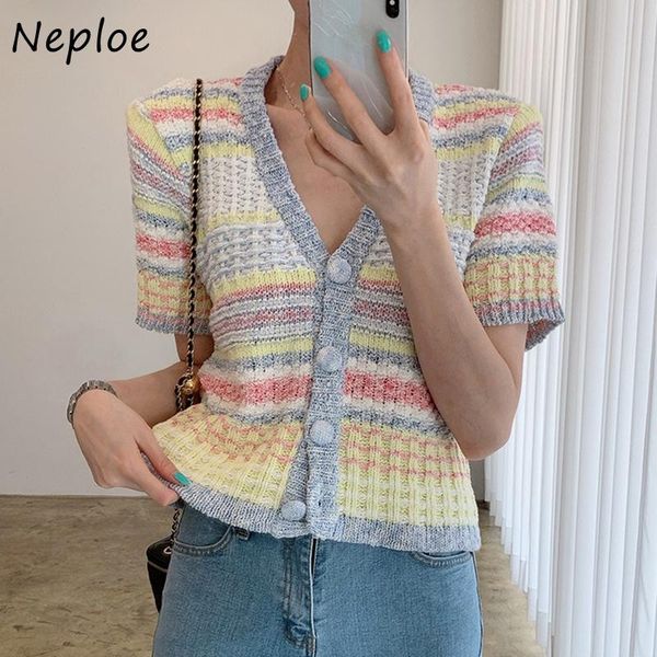 women's knits & tees neploe summer short sleeve v-neck womens sweaters single-breasted knitted cardigan contrast color rainbow striped, White
women's knits & tees neploe summer short sleeve v-neck womens sweaters single-breasted knitted cardigan contrast color rainbow striped, White
