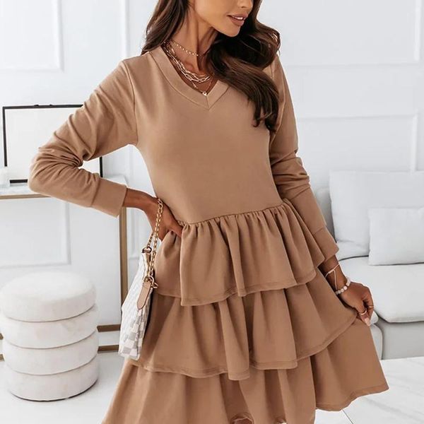 casual dresses v-neck solid color women mini elegant ruffle party dress autumn fashion long seeved a-line vestidos, Black;gray
casual dresses v-neck solid color women mini elegant ruffle party dress autumn fashion long seeved a-line vestidos, Black;gray