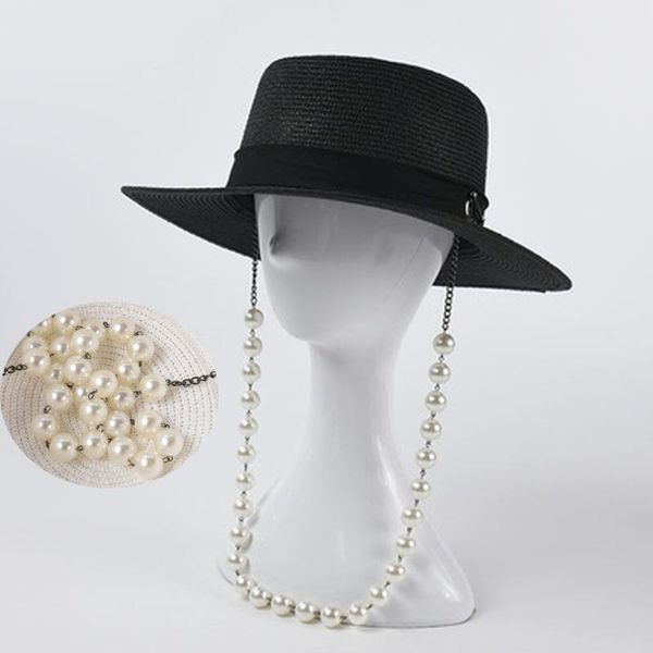 wide brim hats fashion handmade straw hat women summer outdoor pearl beach solid western sun with chain, Blue;gray
wide brim hats fashion handmade straw hat women summer outdoor pearl beach solid western sun with chain, Blue;gray