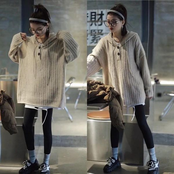 women's sweaters sweater autumn winter korean style loose large size 2-button drawstring hooded knitted spring vintage pullover, White;black
women's sweaters sweater autumn winter korean style loose large size 2-button drawstring hooded knitted spring vintage pullover, White;black