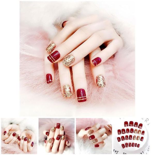 false nails 24pcs short wine red nail art with golden glitter champagne wedding tip full hjl2021, Red;gold
false nails 24pcs short wine red nail art with golden glitter champagne wedding tip full hjl2021, Red;gold