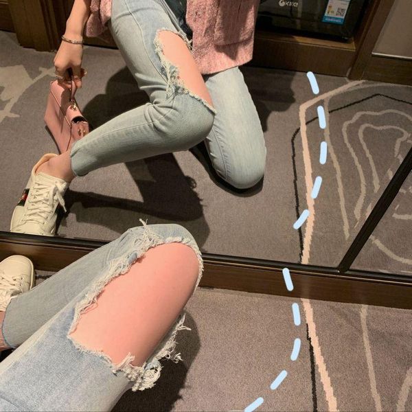women's jeans show thin leg knee big hole female elastic nine minutes of pants beggars tall waist rotten feet, Blue
women's jeans show thin leg knee big hole female elastic nine minutes of pants beggars tall waist rotten feet, Blue