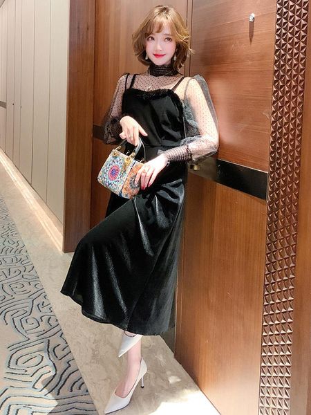 velvet stitching wave dot mesh sleeve auricular collar plush dress women's wear 2021 spring casual dresses, Black;gray
velvet stitching wave dot mesh sleeve auricular collar plush dress women's wear 2021 spring casual dresses, Black;gray