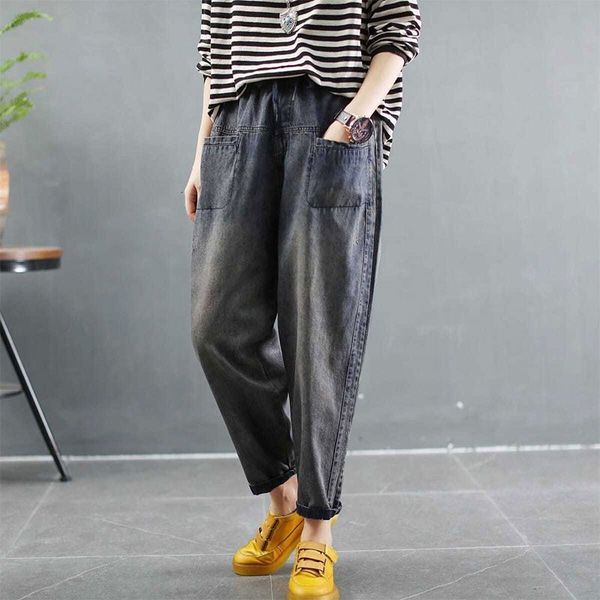 fall style arts women's elastic waistline drop vintage jeans double pocket cotton denim casual harem pants plus size m536, Blue
fall style arts women's elastic waistline drop vintage jeans double pocket cotton denim casual harem pants plus size m536, Blue