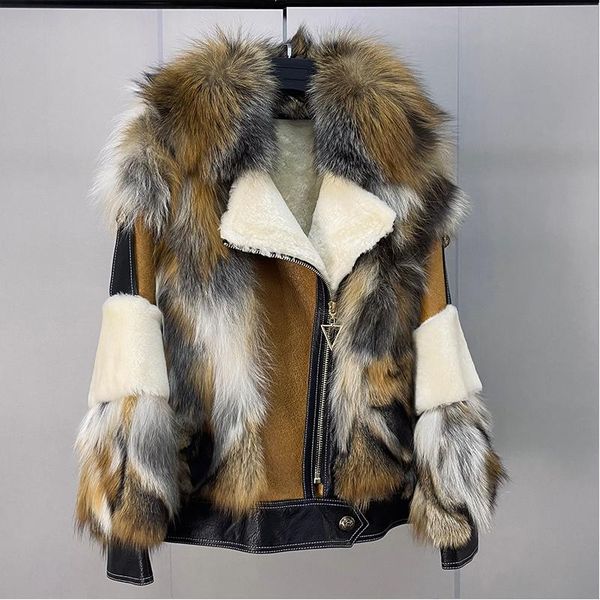 women's fur & faux 2021 winter long sleeve lapel thick mixed-color coat ladies patchwork leather jacket lamb lining, Black
women's fur & faux 2021 winter long sleeve lapel thick mixed-color coat ladies patchwork leather jacket lamb lining, Black