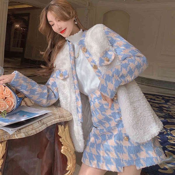 women's two piece pants autumn and winter woolen coat plus cotton lamb wool suit houndstooth two-piece high waist skirt women dress set, White
women's two piece pants autumn and winter woolen coat plus cotton lamb wool suit houndstooth two-piece high waist skirt women dress set, White