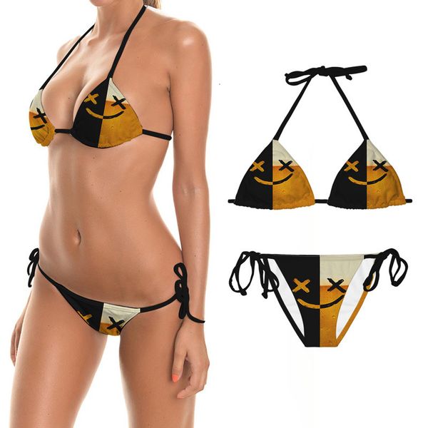summer bikini expression smile series digital printing split swimsuit, White;black 
summer bikini expression smile series digital printing split swimsuit, White;black