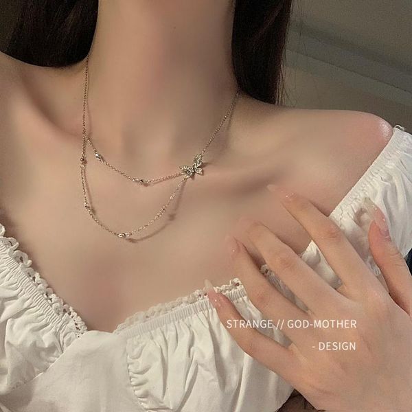 chokers inlaid crystal butterfly double layer wear necklace female luxury boutique ins tide senior sense clavicle chain, Golden;silver 
chokers inlaid crystal butterfly double layer wear necklace female luxury boutique ins tide senior sense clavicle chain, Golden;silver