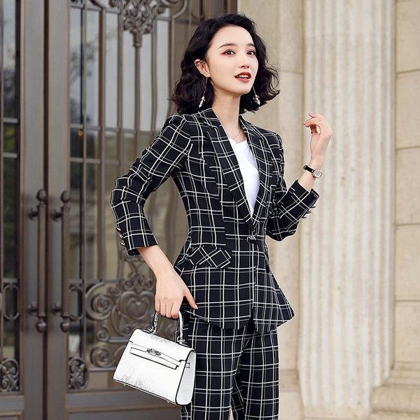 black plaid formal trouser suit 2 piece outfits for women uniform office elegant business pants blazer set work wear women's suits & bl, White;black 
black plaid formal trouser suit 2 piece outfits for women uniform office elegant business pants blazer set work wear women's suits & bl, White;black