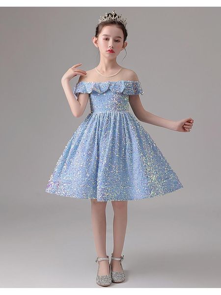 lovely short flower girl's dress knee length ball gown shining sequins light sky blue party dresses, Red;yellow