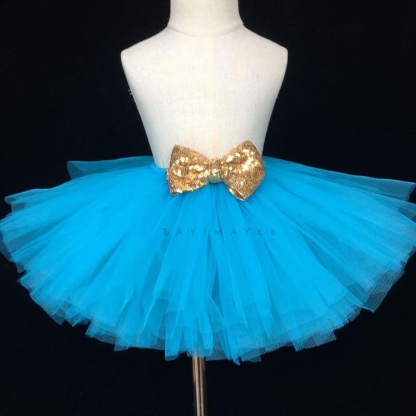 

skirts girls turquoise blue tutu skirt tulle glitter pettiskirts ballet dance tutus with gold sequin bow kids party costume