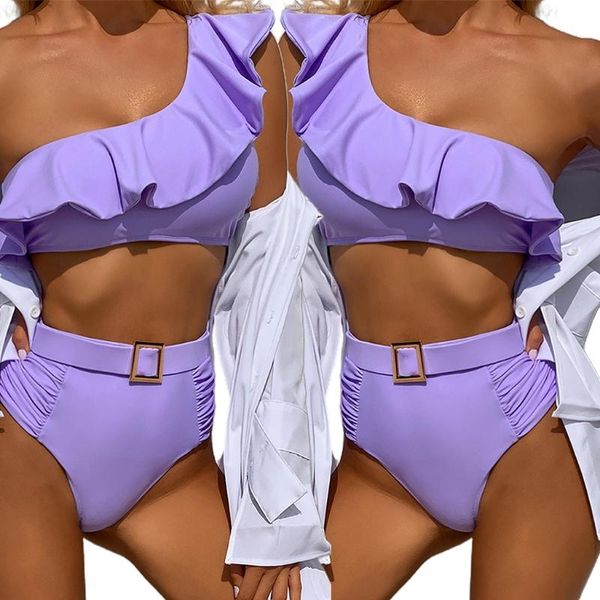 women's swimwear womens 2 piece bikini set one shoulder flounce ruffles crop high waist buckle belted ruched thong swimsuit solid, White;black
women's swimwear womens 2 piece bikini set one shoulder flounce ruffles crop high waist buckle belted ruched thong swimsuit solid, White;black