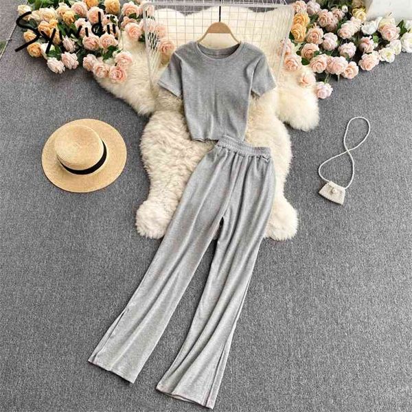 2 piece sets women summer fashion cotton o neck short t shirts and side slit wide leg high waist pants black gray 210607, White
2 piece sets women summer fashion cotton o neck short t shirts and side slit wide leg high waist pants black gray 210607, White