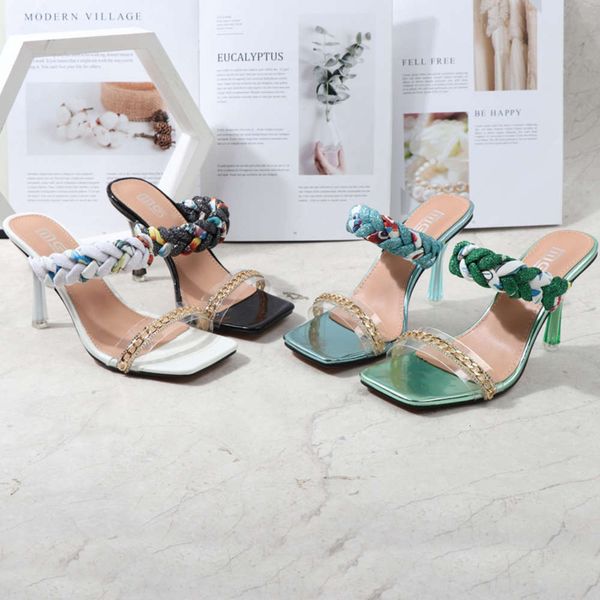 trade summer electroplated metal chain square head fine heel roman high-heeled sandals, Black