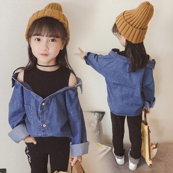 spring off shoulder kids denim shirts for girl jeans long sleeve children blouses and costume, White;black
spring off shoulder kids denim shirts for girl jeans long sleeve children blouses and costume, White;black