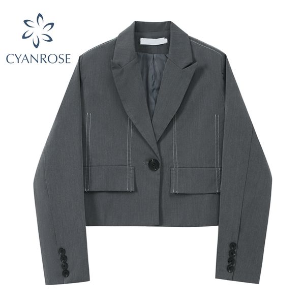 women's short blazer jacket grey single button v-neck pocket streetwear coat female elegant korean casual ol crop outerwear 210417, Black;brown
women's short blazer jacket grey single button v-neck pocket streetwear coat female elegant korean casual ol crop outerwear 210417, Black;brown