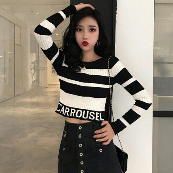 black and white striped knitted high waist short women's sweater woman sweaters femme chandails pull hiver, White;black
black and white striped knitted high waist short women's sweater woman sweaters femme chandails pull hiver, White;black