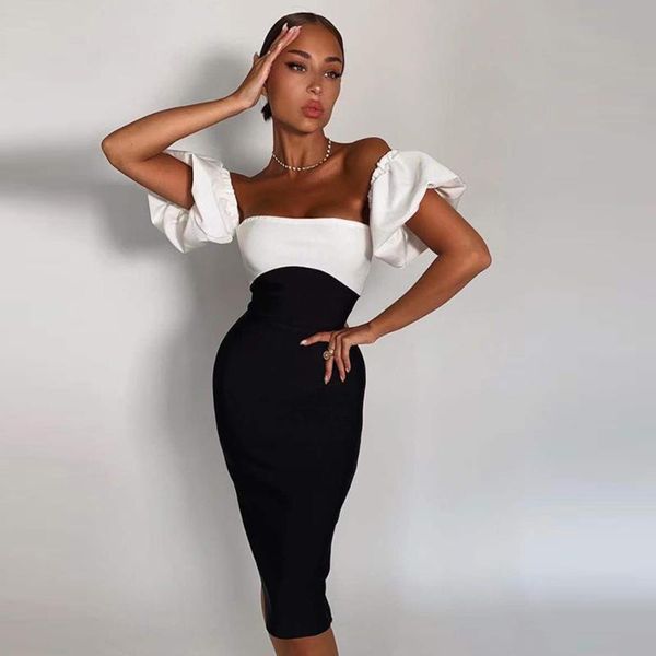 party dresses summer off shoulder patchwork bandage dress for women 2021 puff sleeve knee length evening club female, White;black
party dresses summer off shoulder patchwork bandage dress for women 2021 puff sleeve knee length evening club female, White;black