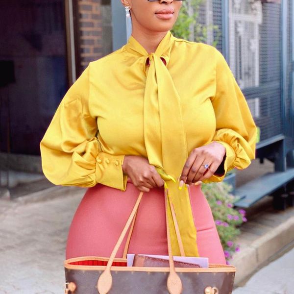 women's blouses & shirts african women blouse 2021 autumn long sleeve yellow pink office lady lantern bandage, White
women's blouses & shirts african women blouse 2021 autumn long sleeve yellow pink office lady lantern bandage, White