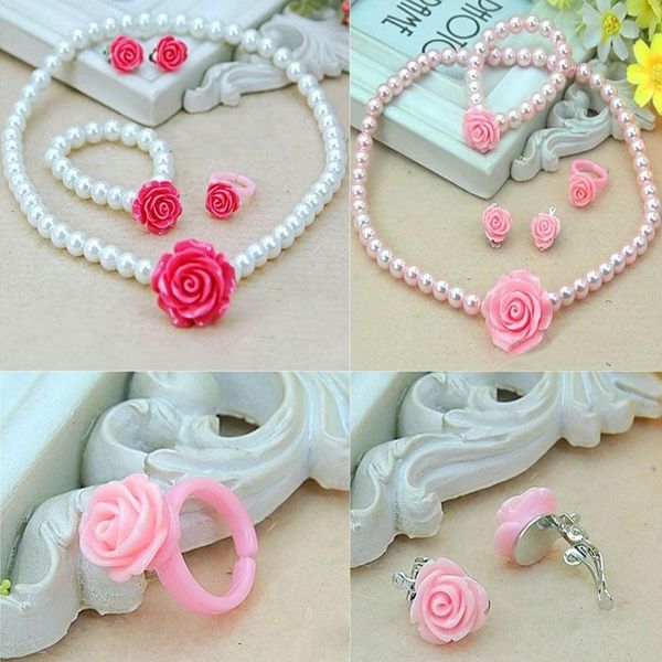 earrings & necklace fashion imitation pearls girls child set rose resin flower shape gift, Silver 
earrings & necklace fashion imitation pearls girls child set rose resin flower shape gift, Silver