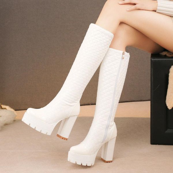 boots black white winter women fashion platform thick high heel knee zipper autumn long shoes 2021