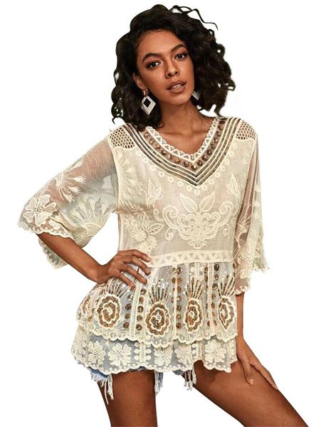 women beige beach embroidery flowers hollow out holiday veil fashion summer clothes drop women's swimwear, White;black
women beige beach embroidery flowers hollow out holiday veil fashion summer clothes drop women's swimwear, White;black