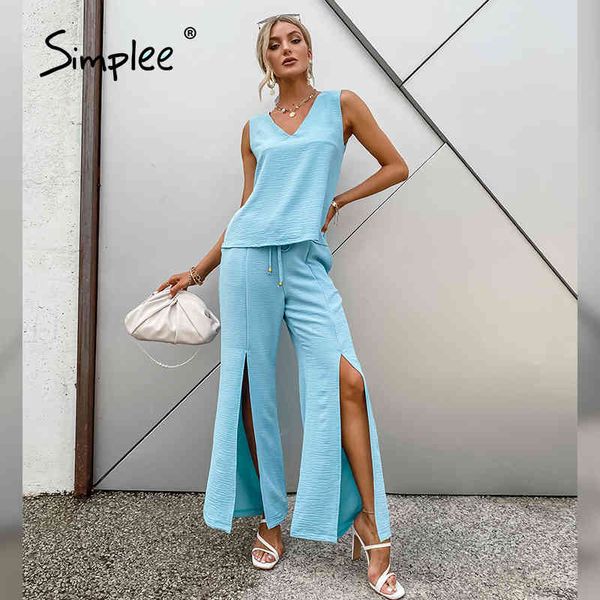 fashion solid blue women suit summer v-neck vest split wide leg pants elegant casual high street two piece set lady 210414, White
fashion solid blue women suit summer v-neck vest split wide leg pants elegant casual high street two piece set lady 210414, White
