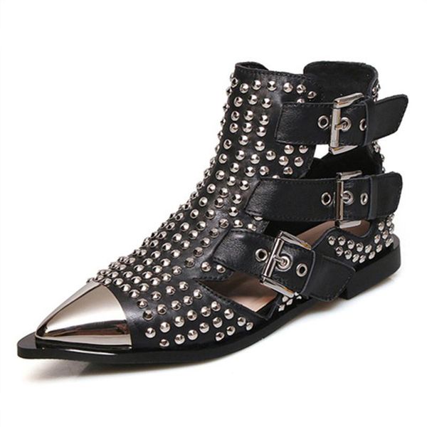 sandals metal summer punk toe rivets genuine leather women's ankle boots belt buckle casual female fashion handmade ladies shoes, Black
sandals metal summer punk toe rivets genuine leather women's ankle boots belt buckle casual female fashion handmade ladies shoes, Black