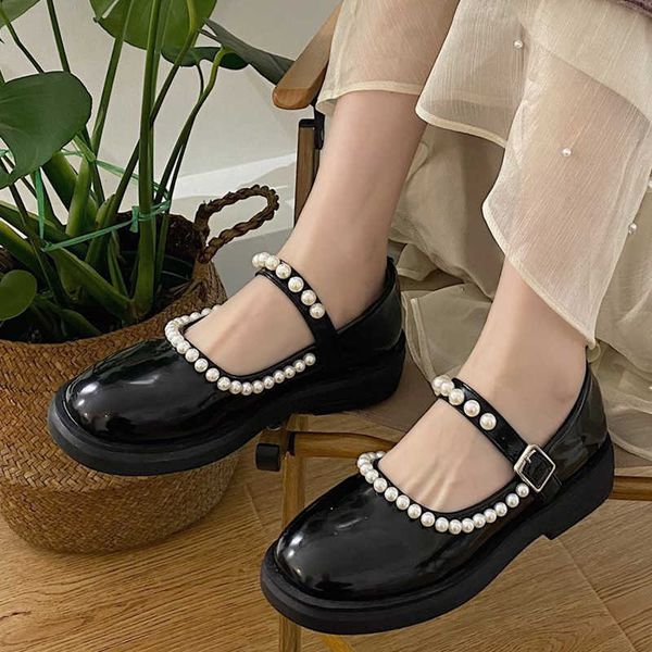 rimocy black patent leather pearl mary jane shoes for women square toe ankle buckle sweet lotia woman med heel lady 210528