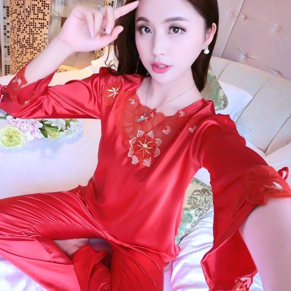 ice silk pajamas autumn spring summer long sleeve korean women's real home clothes large size two piece suit sleepwear, Black;red
ice silk pajamas autumn spring summer long sleeve korean women's real home clothes large size two piece suit sleepwear, Black;red