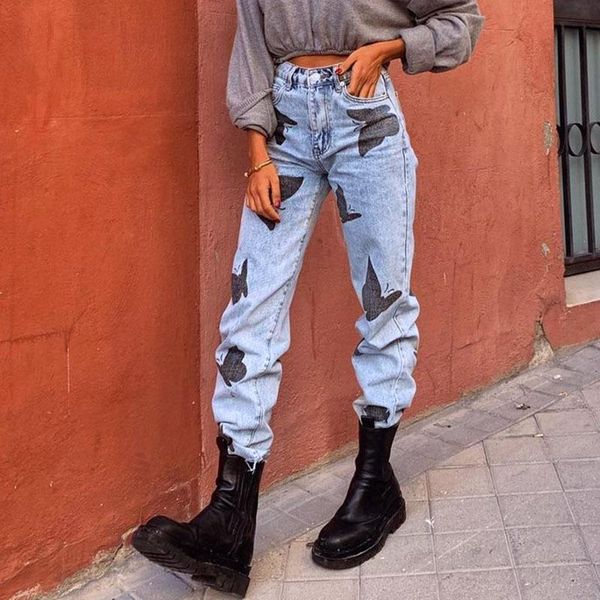 street style high waist slimming butterfly print wide-leg jeans patchwork streetwear flare pants vintage e girl denim women's, Blue
street style high waist slimming butterfly print wide-leg jeans patchwork streetwear flare pants vintage e girl denim women's, Blue