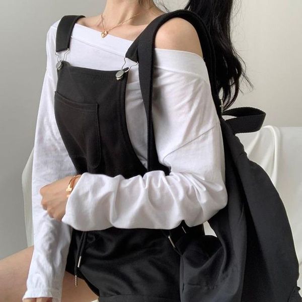 women's shorts two-piece suits 2021 women off-shoulder casual all-match waist loose jumpsuit bib + long-sleeved bottoming t-shirts, White;black
women's shorts two-piece suits 2021 women off-shoulder casual all-match waist loose jumpsuit bib + long-sleeved bottoming t-shirts, White;black