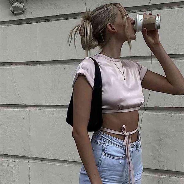 elegant satin summer blouse shirt women backless bandage crop white short blusas de mujer 210427
elegant satin summer blouse shirt women backless bandage crop white short blusas de mujer 210427