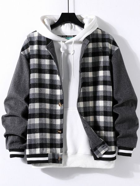 men plaid striped trim drop shoulder wool-mix jacket without hoodie v4du#, Black;brown
men plaid striped trim drop shoulder wool-mix jacket without hoodie v4du#, Black;brown