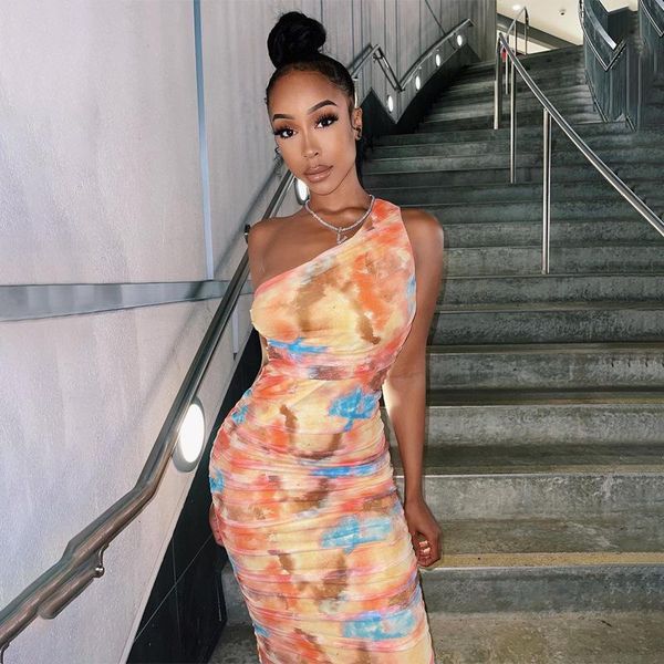 casual dresses echoine one shoulder sleeveless tie dye print midi skinny bodycon dress women party night clubwear vestidos summer, Black;gray 
casual dresses echoine one shoulder sleeveless tie dye print midi skinny bodycon dress women party night clubwear vestidos summer, Black;gray