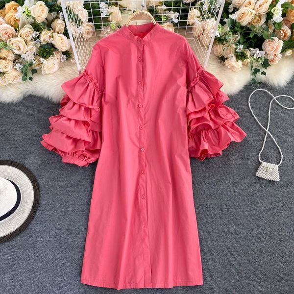 women chic solid dress autumn design cascading ruffles sleeve button vestidos korean casual loose streetwear dress 210419, Black;gray
women chic solid dress autumn design cascading ruffles sleeve button vestidos korean casual loose streetwear dress 210419, Black;gray