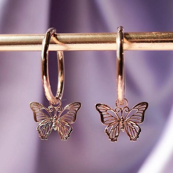 hoop & huggie romantic hollowed-out butterfly pendant small earrings rose gold color wedding dancing party daily wear trendy jewelry, Golden;silver 
hoop & huggie romantic hollowed-out butterfly pendant small earrings rose gold color wedding dancing party daily wear trendy jewelry, Golden;silver