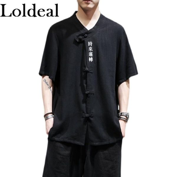 loldeal chinese style short-sleeved shirt with vintage button cotton and linen text embroidery men's casual shirts, White;black
loldeal chinese style short-sleeved shirt with vintage button cotton and linen text embroidery men's casual shirts, White;black