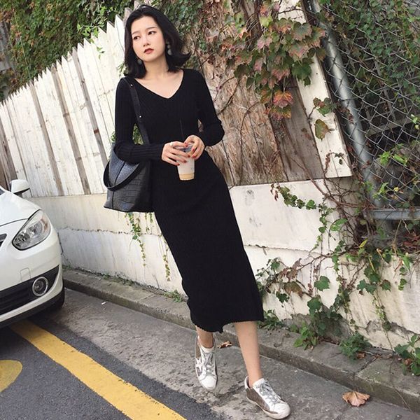 fashion women maxi slim knitting sweater dress sleeve v-neck long party dresses, Black;gray