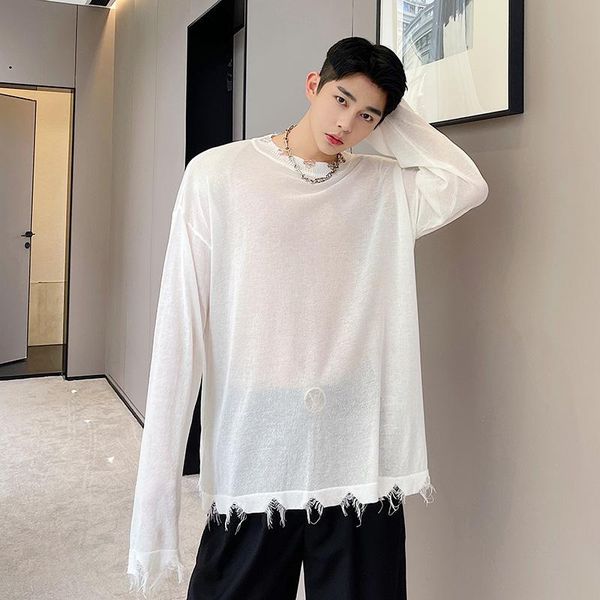 men's t-shirts 2021 spring summer long sleeve t-shirt korean style o-neck thinlight knitted tee damaged hem see through, White;black
men's t-shirts 2021 spring summer long sleeve t-shirt korean style o-neck thinlight knitted tee damaged hem see through, White;black
