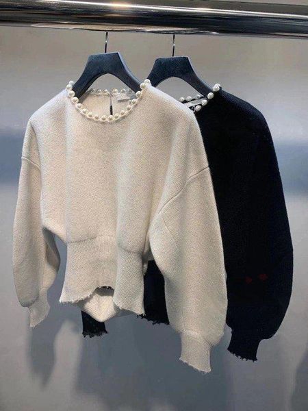 women's sweaters women sweater 2021 fall/winter pearl trim pullover, White;black
women's sweaters women sweater 2021 fall/winter pearl trim pullover, White;black