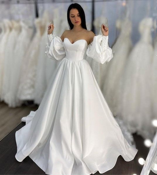 strapless long sleeves a line wedding dresses bridal gowns sweetheart lace-up back court train satin bride dress, White
strapless long sleeves a line wedding dresses bridal gowns sweetheart lace-up back court train satin bride dress, White
