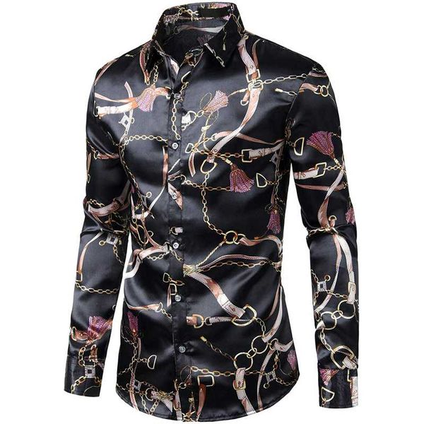 men's casual shirts luxury gold chain print satin shirt men 2021 brand long sleeve silk like mens dress club party prom wedding chemise, White;black
men's casual shirts luxury gold chain print satin shirt men 2021 brand long sleeve silk like mens dress club party prom wedding chemise, White;black